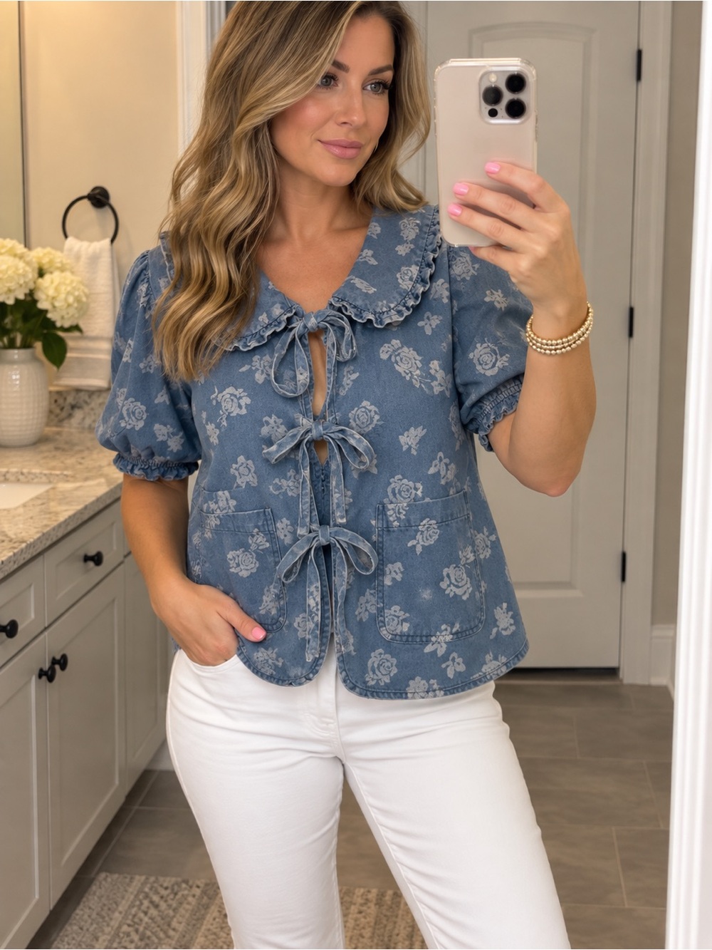JODIFL Denim-Blue Floral Tie-Front Puff Sleeve Blouse